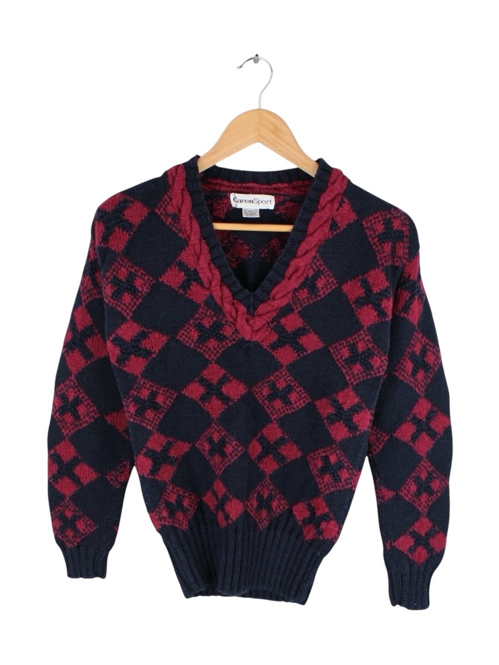 Vintage‎ CarenSport Navy Red Argyle Sweater Womens S V-Neck Chunky Cable Knit